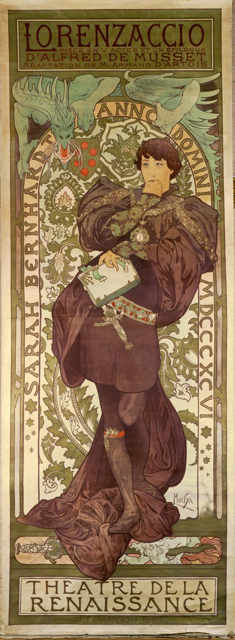 Lorenzaccio mit Schauspielerin Sarah Bernhardt, Stück von Alfred de Musset von Alphonse Marie Mucha