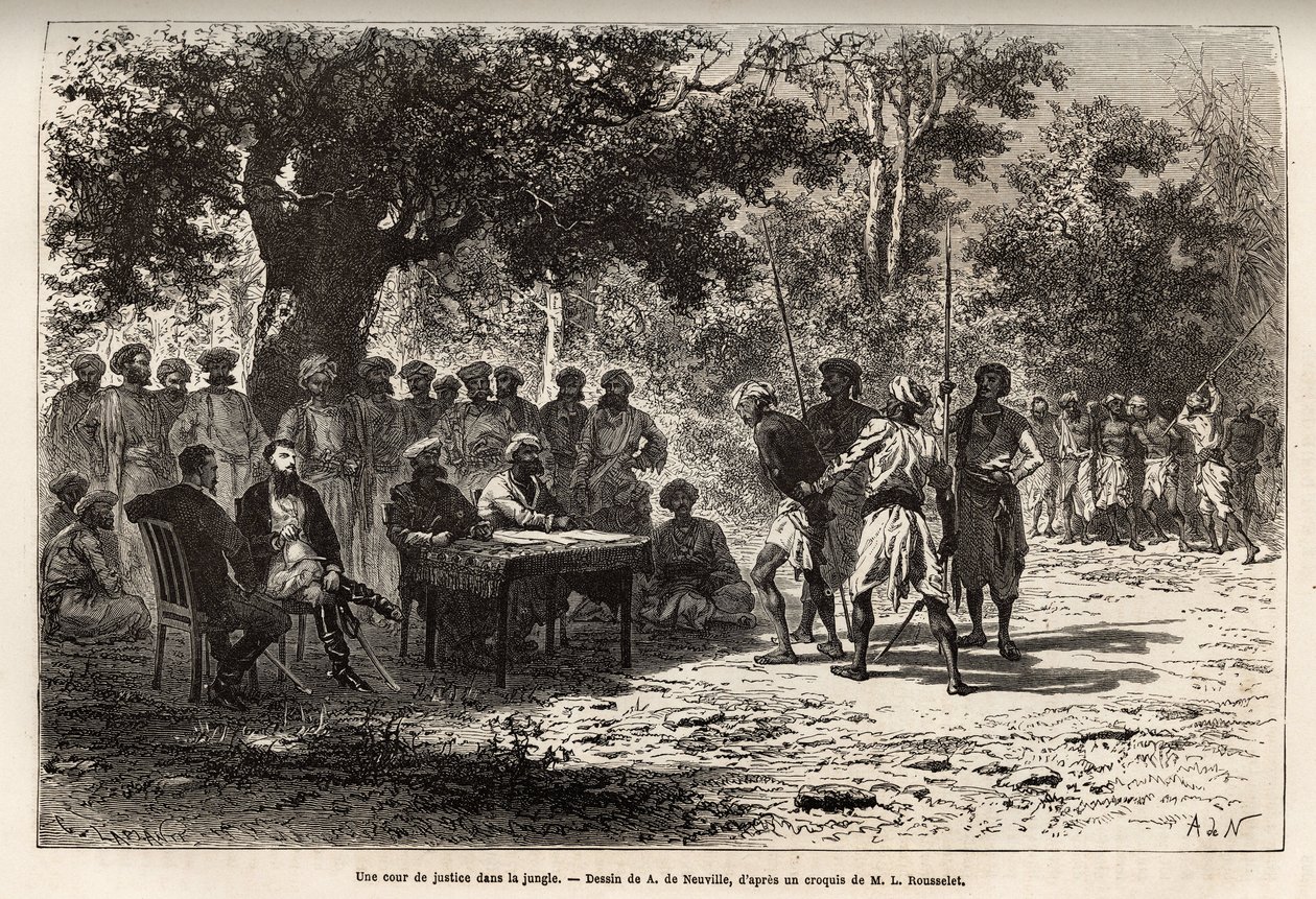Ein Gerichtshof im Dschungel, nahe dem Dorf Sanchi, nach dem Diebstahl der Truhe der Entdecker, der Magistrat des Bezirks Bhopal und seine Gendarmen werden zum Tatort geschickt, um die Spuren zu untersuchen und zu beurteilen. Der Erzähler L von Alphonse Marie de Neuville
