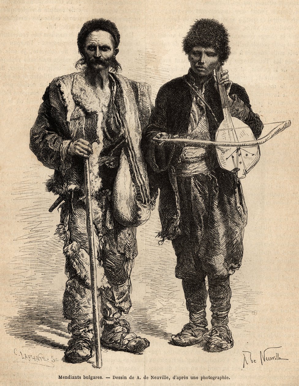 Bulgarische wandernde Bettler, darunter eine blinde Person, die Ghuzla (serbische Laute mit einer Saite) spielt und die Rezitation von Poesie und epischen Erzählungen begleitet, graviert nach der Zeichnung von A. De Neuville, zur Illustration der Reise nac von Alphonse Marie de Neuville