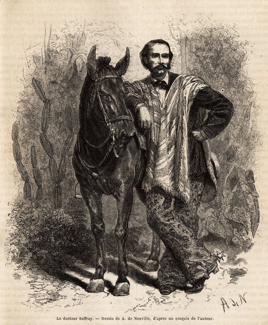 Porträt von Dr. Saffray, bewaffnet auf seinem Reittier, in Reisekleidung, Gravur nach der Zeichnung von A. de Neuville, zur Illustration der Reise nach Neugranada, von Dr. Saffray, 1869, veröffentlicht in 