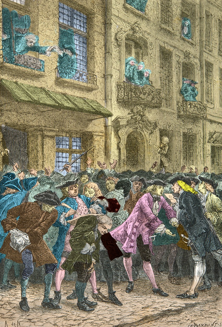 Rue Quincampoix, Treffpunkt der Spekulanten, um 1720 (Gravur) von Alphonse Marie de Neuville