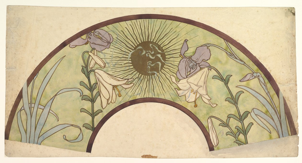 Entwurf für einen Fächer mit Sonnenstrahlen, Lilien und Schwertlilien von Alphonse Mucha