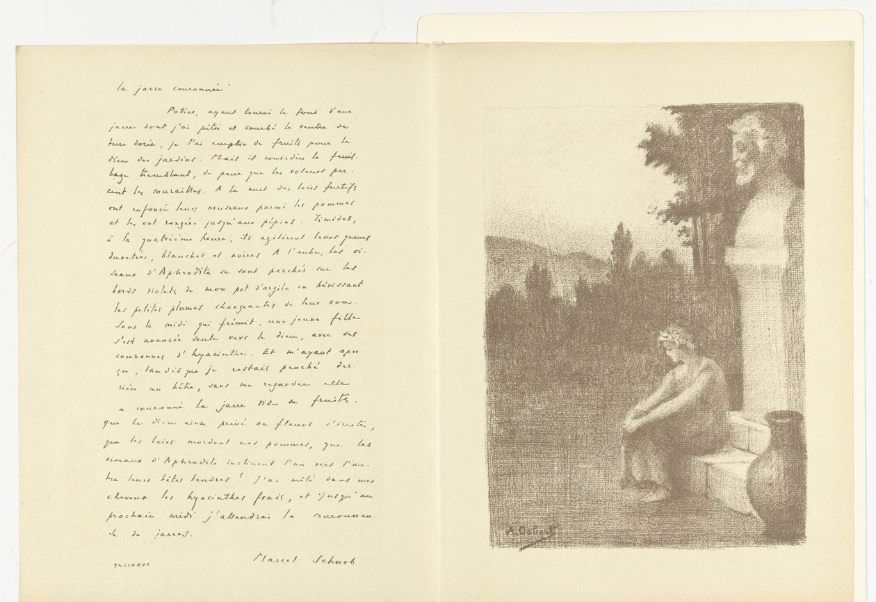 Illustration mit Frau, die neben einer Büste eines Mannes und einem Wasserkrug bei dem Gedicht La jarre couronnée von Marcel Schwob sitzt von Alphonse Osbert
