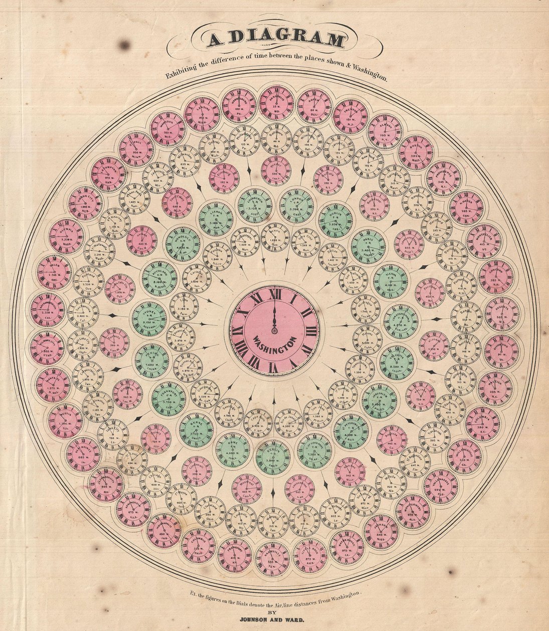 Diagramm zur Darstellung der Zeitunterschiede zwischen den gezeigten Orten und Washington von Alvin Jewett Johnson