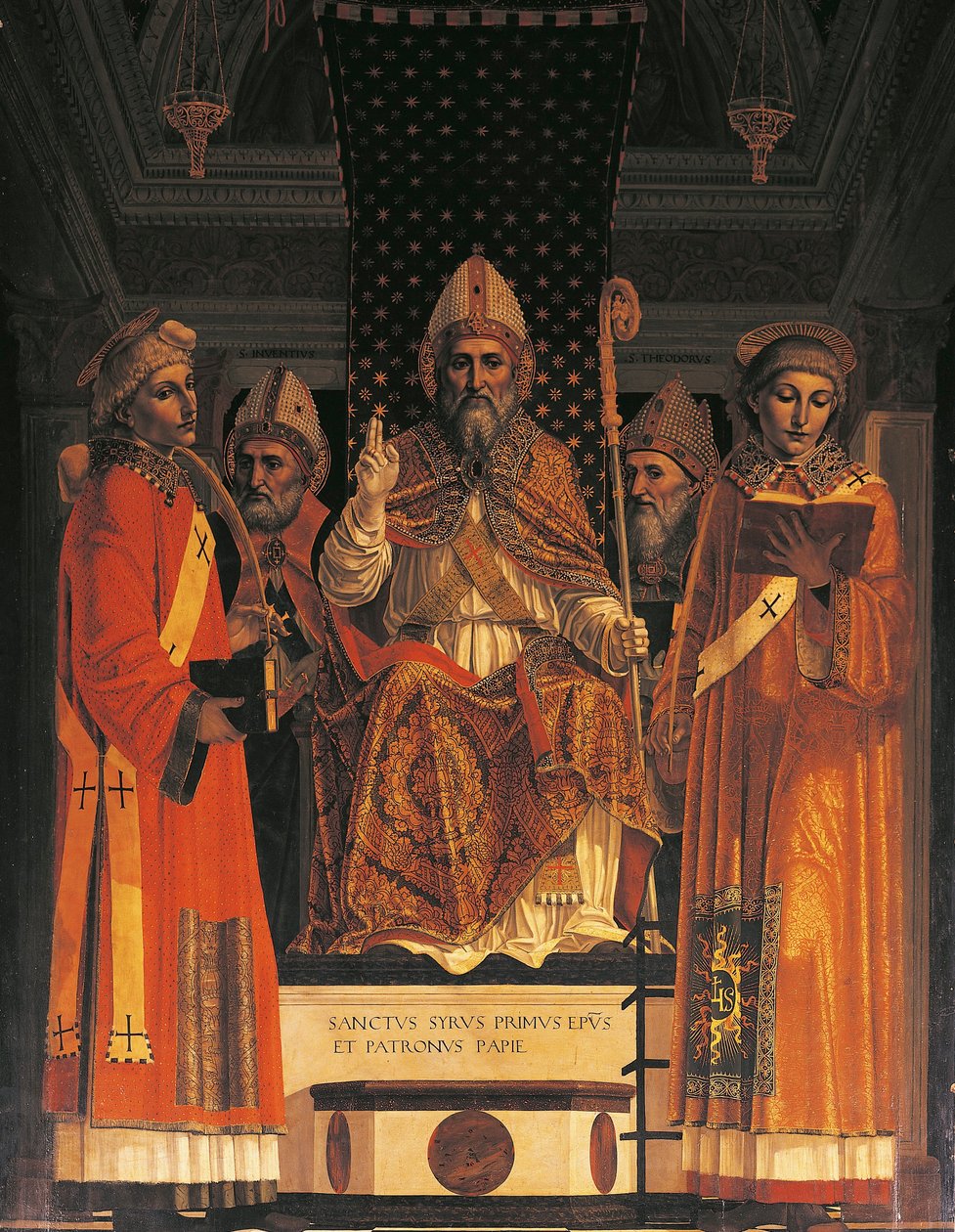 Italien, Lombardei, Kartause von Pavia (Certosa), fünfte Kapelle rechts, Altarbild mit dem thronenden Heiligen Syrus von Ambrogio da Fossano, bekannt als „il Bergognone“ von Ambrogio da Fossano (c.1460 1523)