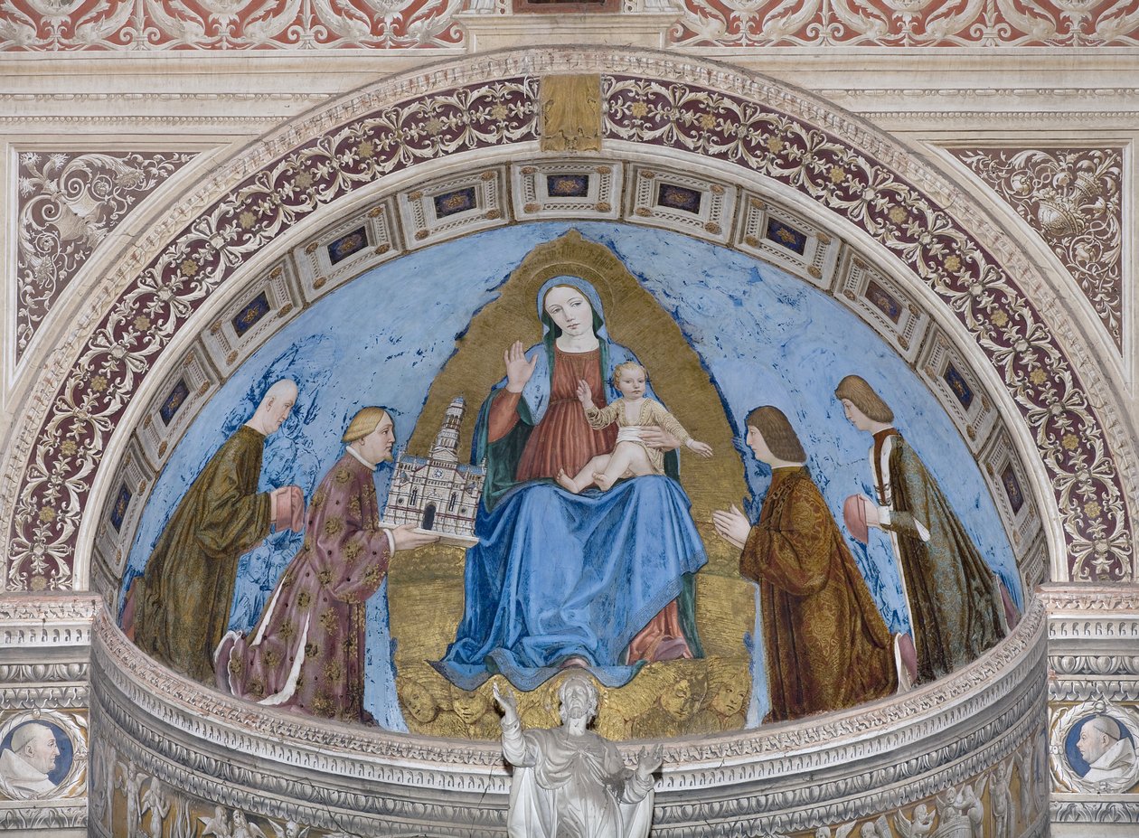 Gian Galeazzo Visconti und seine Kinder Filippo Maria, Giovanni Maria und Gabriele Maria präsentieren das Modell der Certosa der Jungfrau Maria und dem Kind (Fresko) von Ambrogio da Fossano (c.1460 1523)