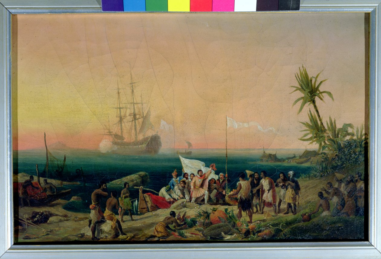 Jean de Bethencourt (ca. 1360-1425), normannischer Navigator, entdeckt die Insel Lanzarote im Jahr 1402, 1848 von Ambroise Louis Garneray