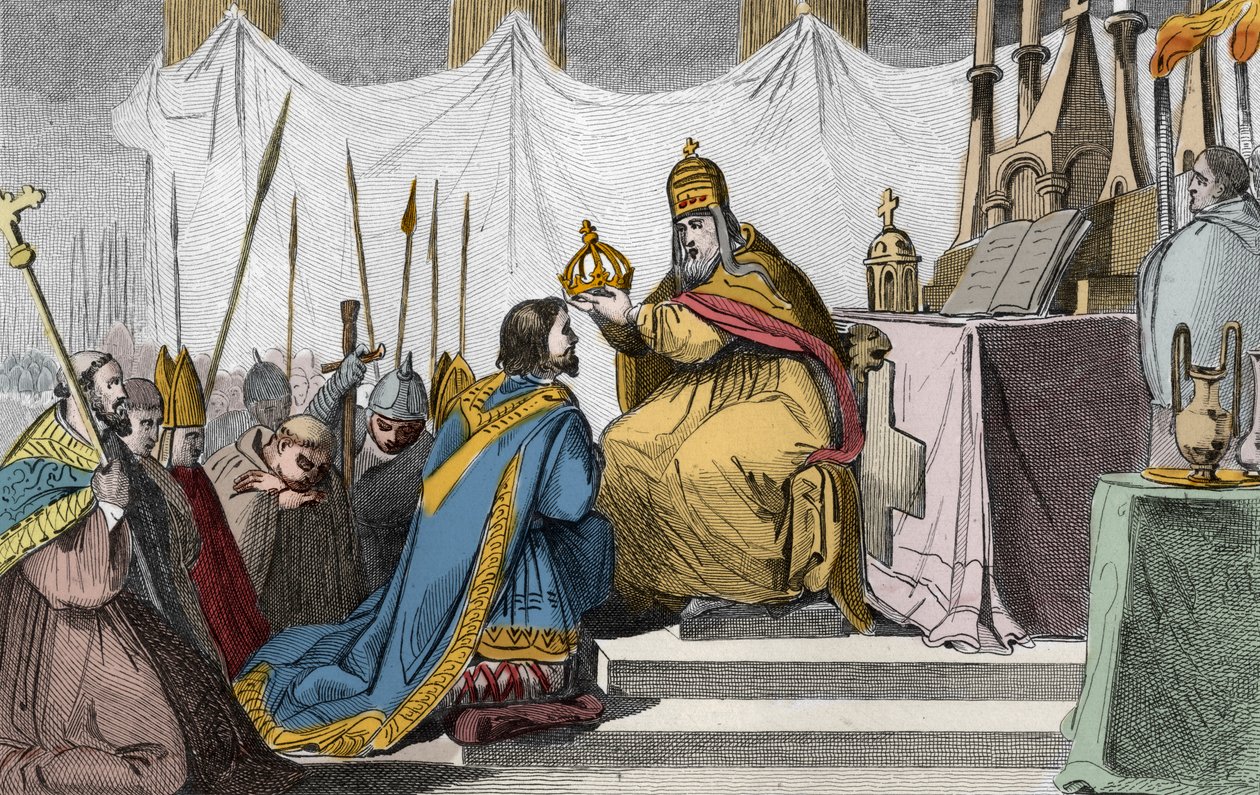 Karl der Große (742-814) gekrönt von Papst Leo III (ca. 750-816) in der Basilika St. Peter in Rom am 25. Dezember 800 - Krönung von Karl dem Großen im Jahr 800 durch Papst Leo III - Gravur von 1825 in „Histoire de France“. von Ambroise Tardieu