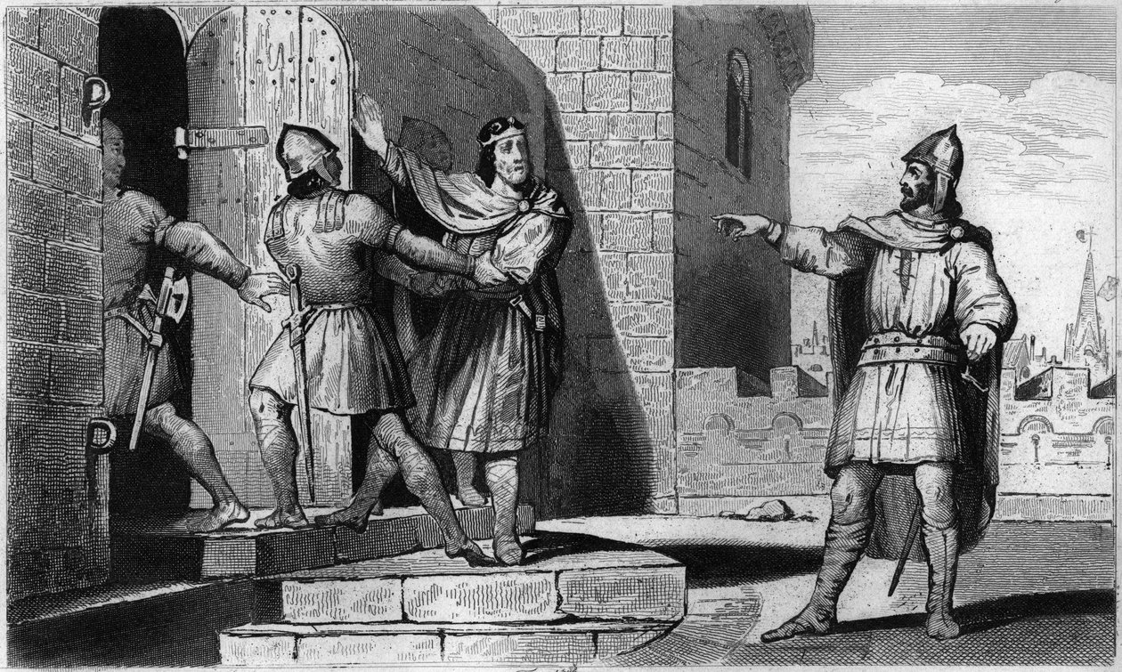 Karl III. (879-929) der Einfältige wird 923 von einem seiner Soldaten gefangen genommen - Gefangennahme von Karl III. dem Einfältigen (879-929), 923: Er glaubte, bei Herbert von Vermandois Zuflucht zu finden, wurde aber von ihm verraten und ins Gefängnis g von Ambroise Tardieu