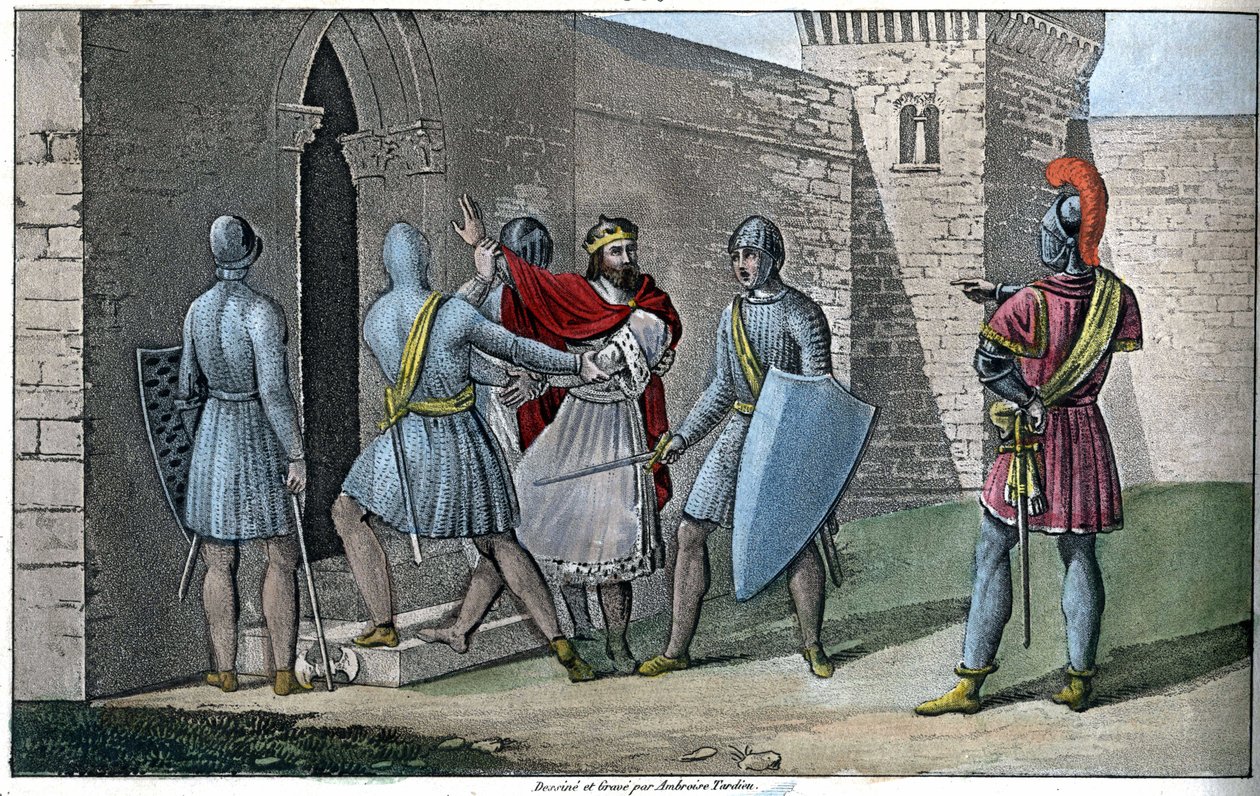 Karl III., „Der Einfältige“ (879-929), Karolinger-Dynastie. 922 entthront und gezwungen, sich zu retten, suchte er Zuflucht bei Herbert II. von Vermandois (ca. 880-943), der ihn 923 im Schloss von Peronne gefangen hielt - Entworfen und graviert von Ambrois von Ambroise Tardieu