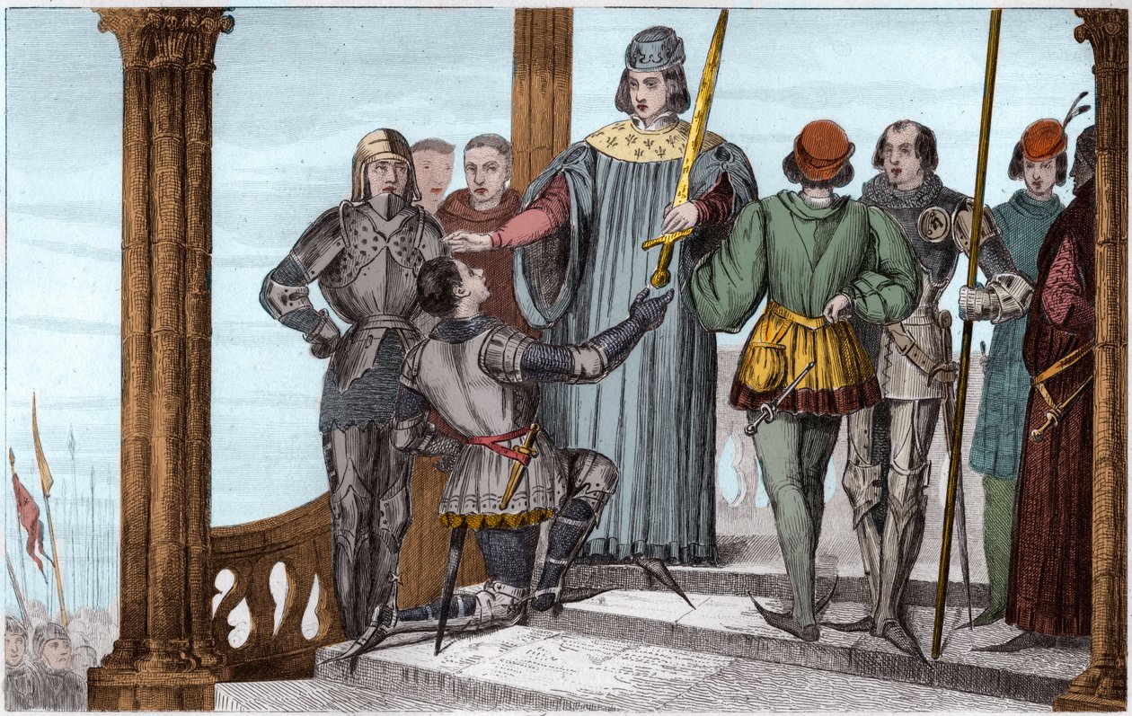 Karl V. (1358-80) der Weise überreicht sein Schwert an Duguesdin - Karl V. Le sage (1338-1380) überreicht feierlich das Schwert des Konnetabels Bertrand du Guesclin (1320-1380) - Gravur 1825 in „Histoire de France“ von Ambroise Tardieu