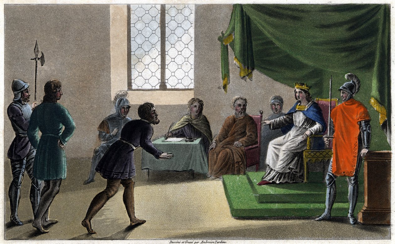 Childebert II. der Gerechte, der seinen Untertanen Gerechtigkeit widerfahren lässt (711). Gezeichnet und graviert von Ambroise Tardieu im Jahr 1825 von Ambroise Tardieu