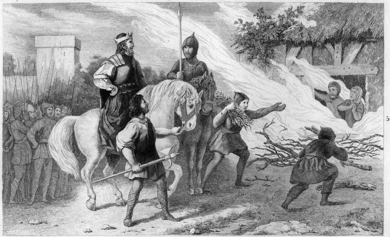 Chlothar I (497-561) verbrennt seinen rebellischen Sohn und seine Familie, 560 - Clotaire (Clothaire) I (497-561), König der Franken, verbrennt seinen Sohn Chramne (Chram, Chramn) und seine Frau im Jahr 560, die sich gegen ihn auflehnten - Gravur 1825 in „ von Ambroise Tardieu