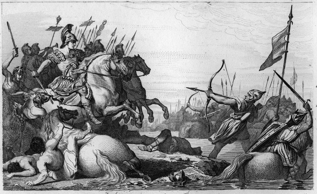 Clodion, der Haarige (ca. 428-47) zieht sich nach seiner Niederlage gegen Aetius über die Brücke zurück - Clodion genannt „Le Chevelu“ (ca. 428-ca. 448), Ahnherr der Merowinger, Anführer der Salischen Franken - Clodion wird von Aetius, General von Valentin von Ambroise Tardieu