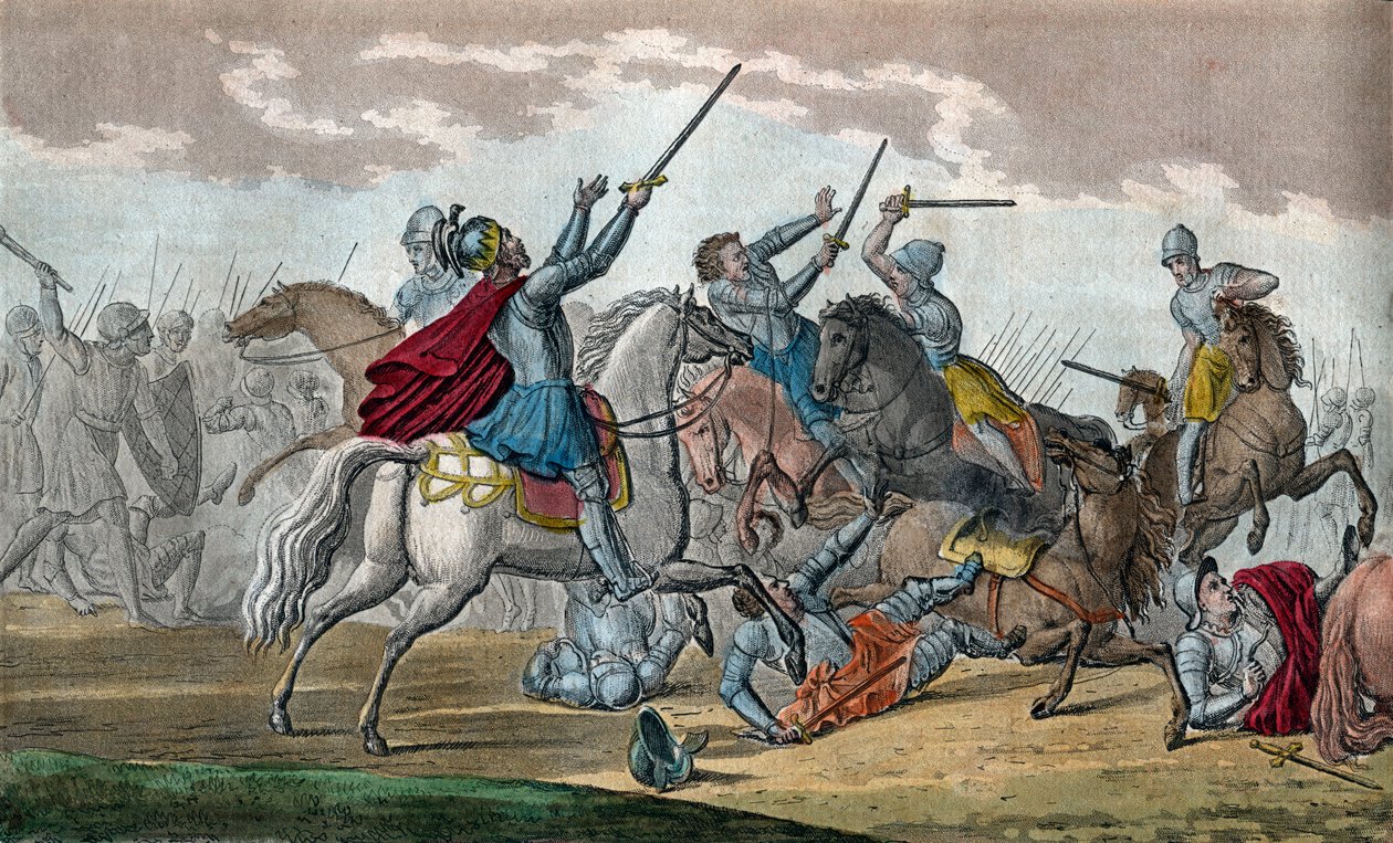 Chlodwig I (466-511), König der Franken, Dynastie der Merowinger - Während der Schlacht von Tolbiac gegen die Alemannen gelobte er, zum Katholizismus zu konvertieren, wenn Gott ihm den Sieg gewährt - Zeichnung und Gravur von Ambroise Tardieu, 1825 von Ambroise Tardieu