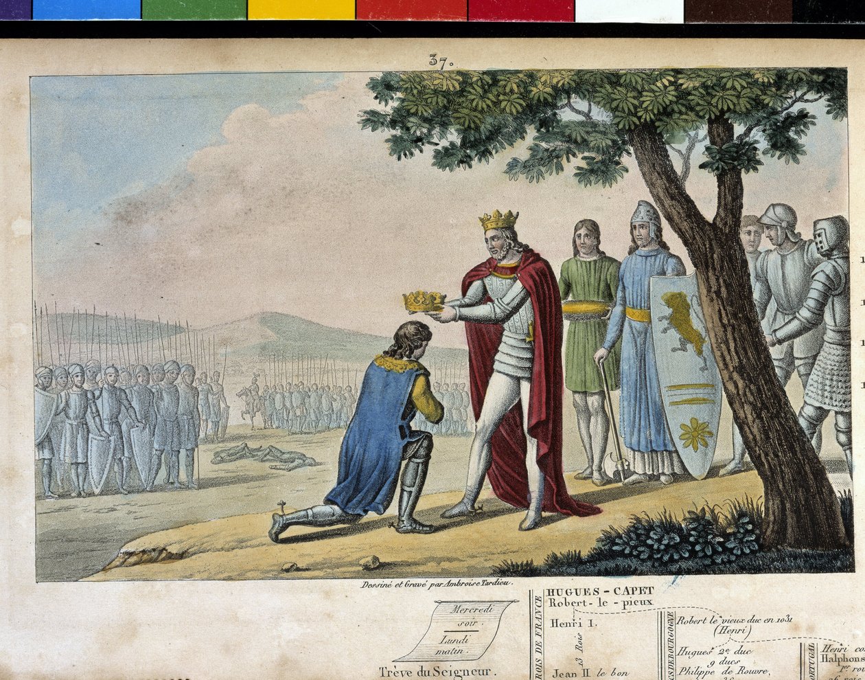 Heinrich I. (1008 - 1060), Kapetinger-Dynastie. Sieger über seinen Bruder Robert den Alten, er vergab ihm und gab ihm das Herzogtum Burgund im Jahr 1016 - entworfen und graviert von Ambroise Tardieu im Jahr 1825. von Ambroise Tardieu