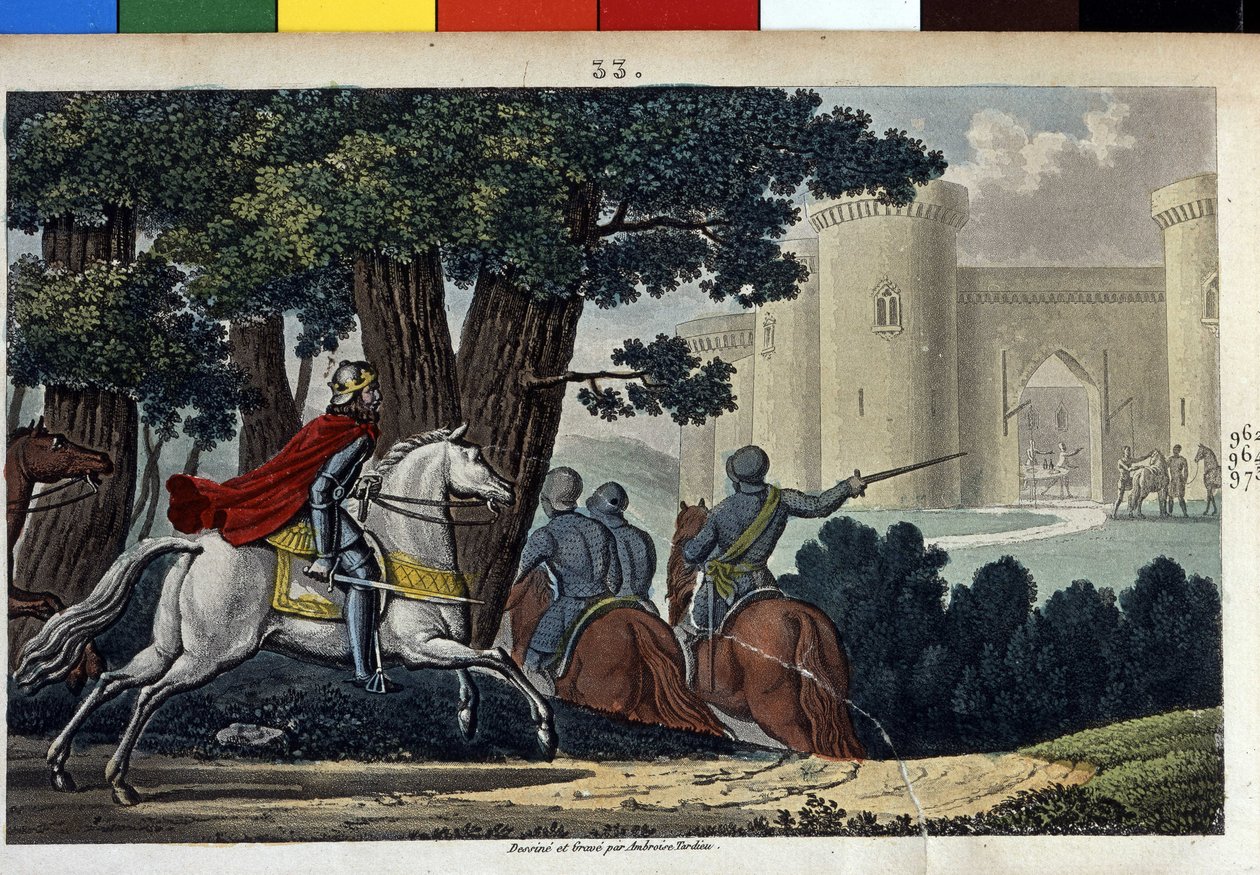 Lothar (941-986), die Merowinger-Dynastie. Er kämpfte gegen den deutschen Kaiser Otto I. und griff ihn überraschend in Aachen an. - Entworfen und graviert von Ambroise Tardieu im Jahr 1825. von Ambroise Tardieu