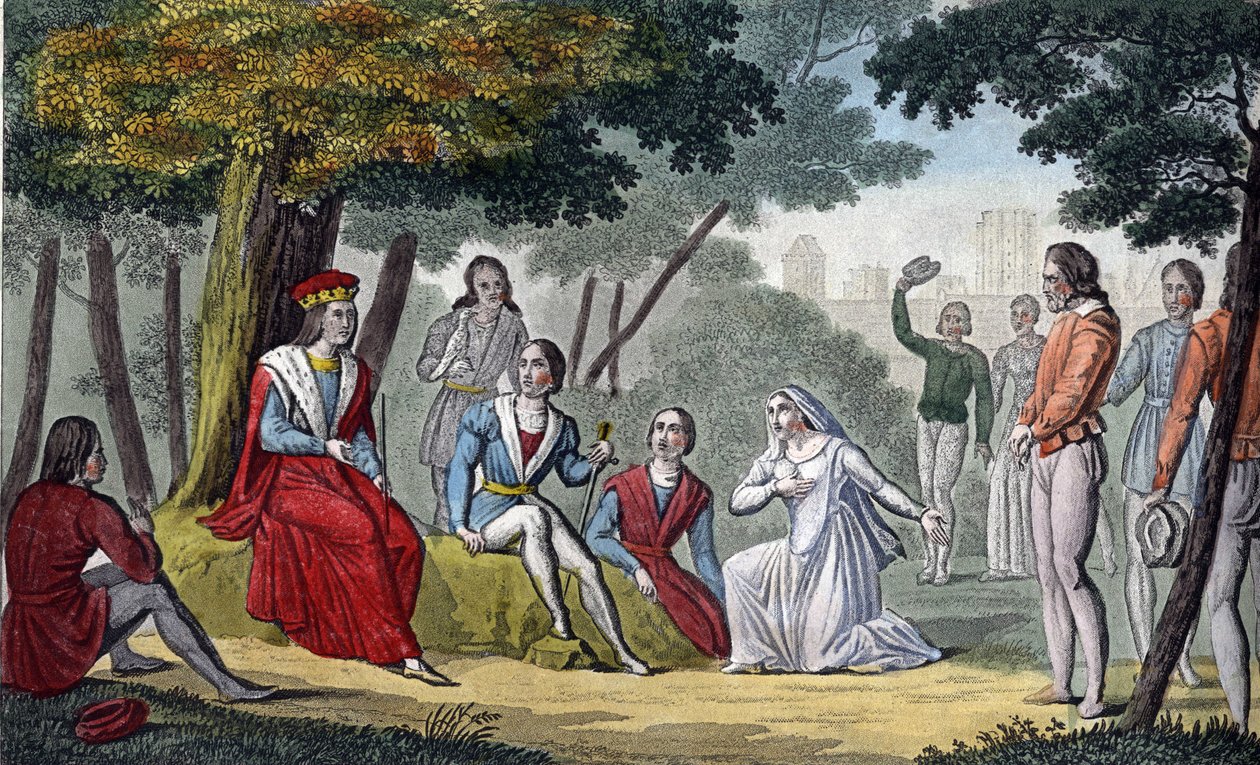 Ludwig IX., bekannt als „Saint-Louis“ (1214-1270), spricht allen seinen Untertanen im Wald von Vincennes Recht - Entworfen und graviert von Ambroise Tardieu im Jahr 1825. von Ambroise Tardieu