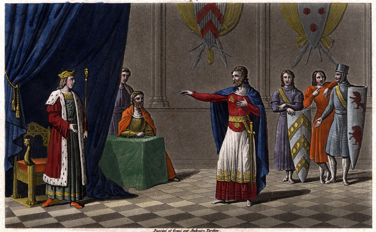 Ludwig V. der Faule (ca. 967-987), zum König von Frankreich ausgerufen durch den Schutz von Hugo Capet, dem zukünftigen König von Frankreich, im Jahr 986. Gezeichnet und graviert von Ambroise Tardieu im Jahr 1825. von Ambroise Tardieu