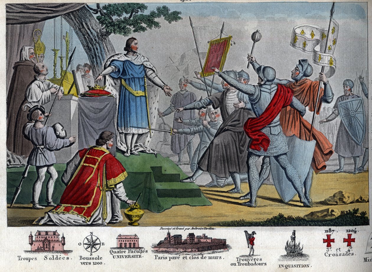 Philipp II. (1165-1223), Kapetinger König, bekannt als „Augustus“, schlägt vor, seine Krone seinen Soldaten zu geben, wenn sie in der Lage sind, sie einen Tag vor der Schlacht von Bouvines zu behalten, aber alle ziehen es vor, ihren König zu behalten. Durc von Ambroise Tardieu