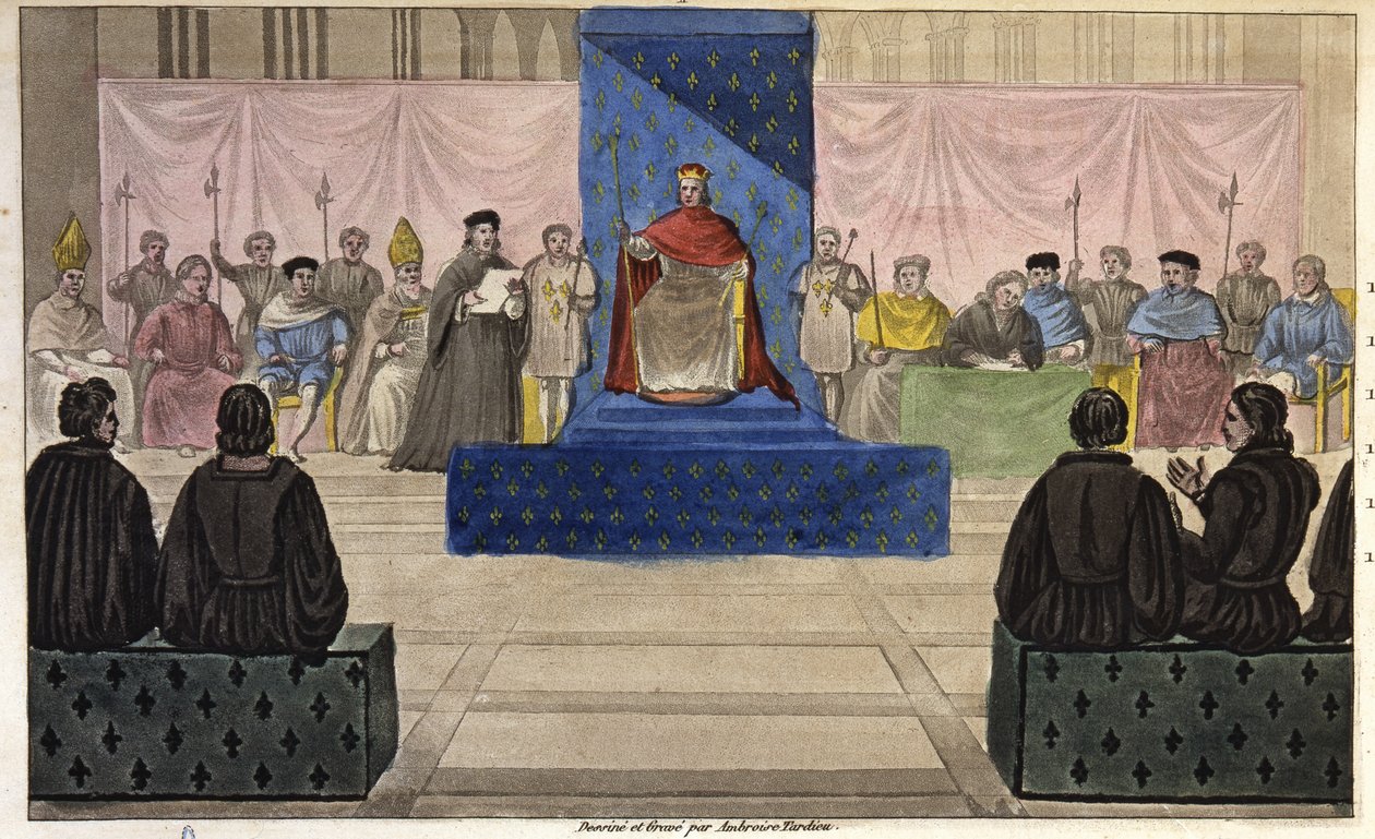 Philipp IV. versammelt im Louvre die Generalstände, bestehend aus Klerus, Adel und prominenten Bürgern oder dem dritten Stand, der erstmals 1301 zugelassen wurde - entworfen und graviert von Ambroise Tardieu im Jahr 1825. von Ambroise Tardieu