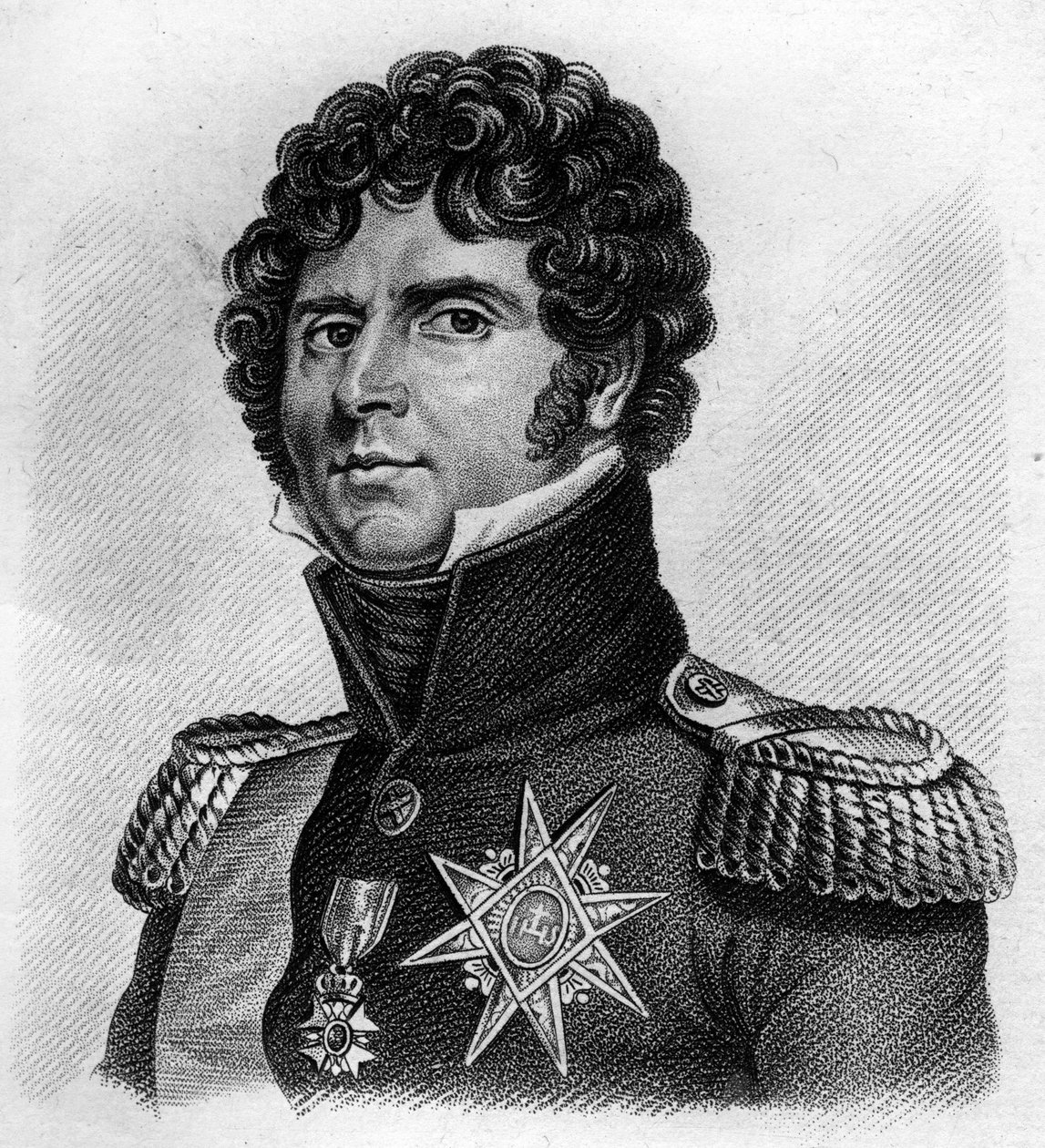 Porträt von Charles Jean - Baptiste Bernadotte (1763-1844), Marschall von Frankreich, König Karl XIV. von Schweden und Norwegen. In „Porträts der französischen Generäle“. Gravur von Ambroise Tardieu im Jahr 1818. Stella-Sammlung von Ambroise Tardieu