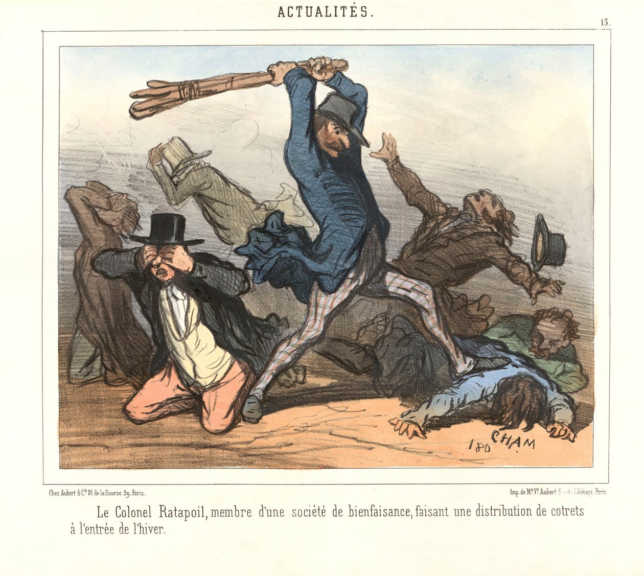 Der Oberst Ratapoil, Mitglied einer Wohltätigkeitsgesellschaft, verteilt Holzscheite zu Beginn des Winters. von Amédée de Noé