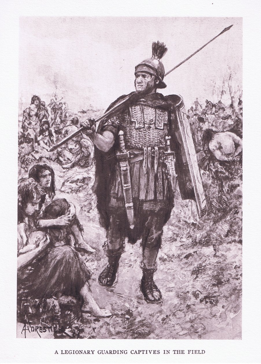 Ein Legionär bewacht Gefangene auf einem Feld, Illustration aus Der römische Soldat, 1928 von Amedee Forestier
