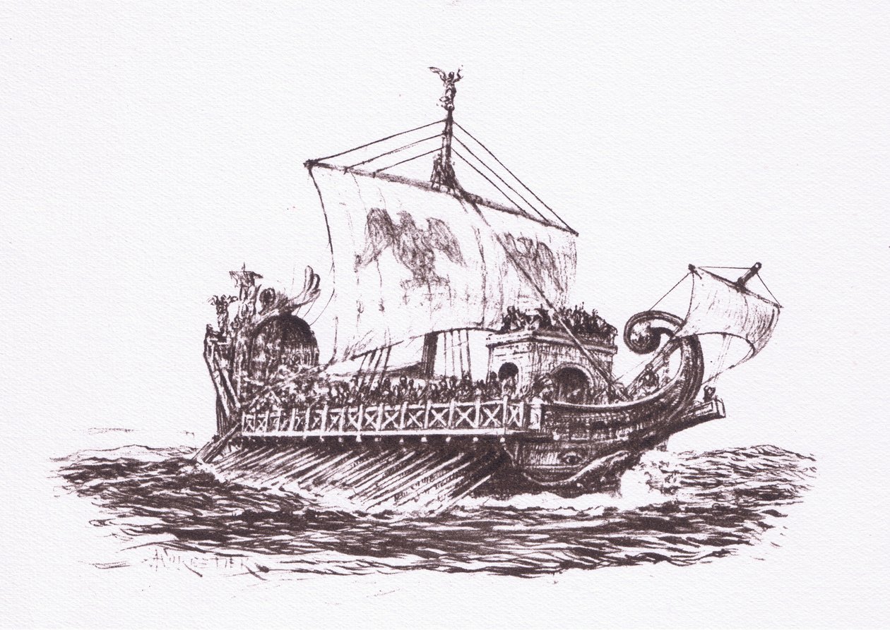 Flottenpatrouille: Römische Schiffe, Illustration aus Der römische Soldat, 1928 von Amedee Forestier