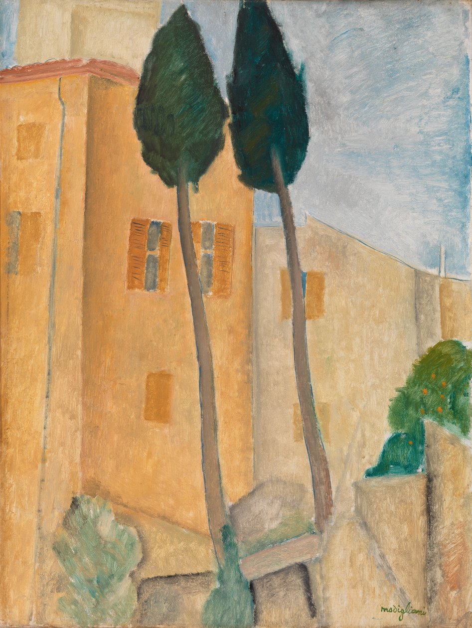 Zypressen und Häuser in Cagnes von Amedeo Modigliani