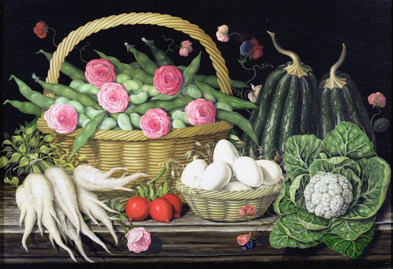 Eier, dicke Bohnen und Rosen im Korb, 1995 von Amelia Kleiser