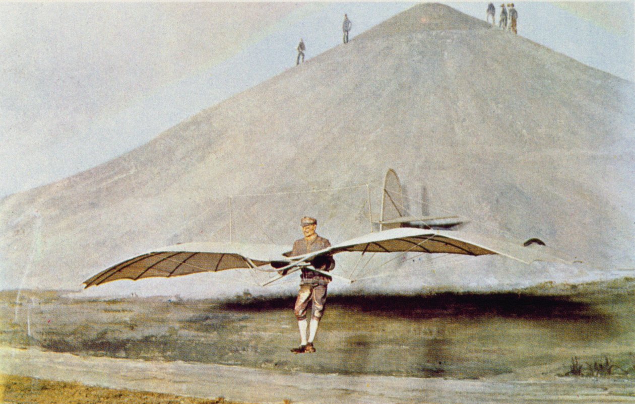 Eines der vielen Flugexperimente von Otto Lilienthal (1848-96) aus 