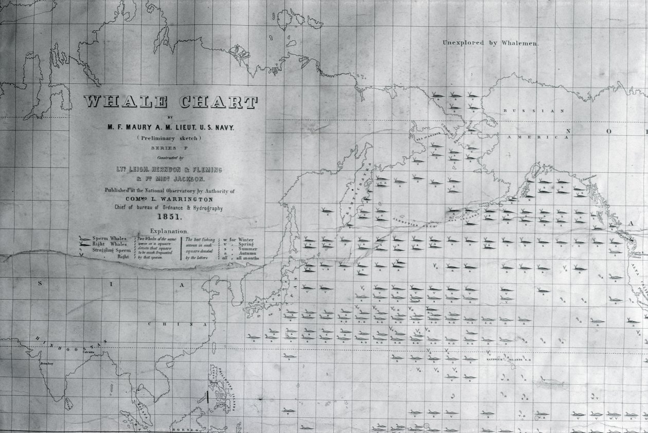 Walfangkarte des Nordpazifiks, 1851 von American School