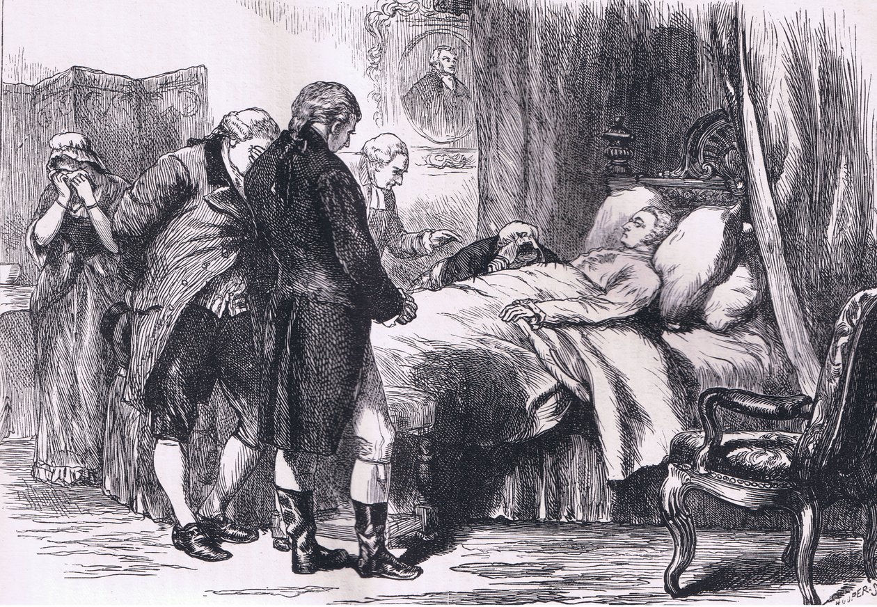 Washington auf seinem Sterbebett, Illustration aus Cassells Geschichte der Vereinigten Staaten, veröffentlicht von Cassell, Petter & Galpin, ca. 1900 (Lithografie) von American English school