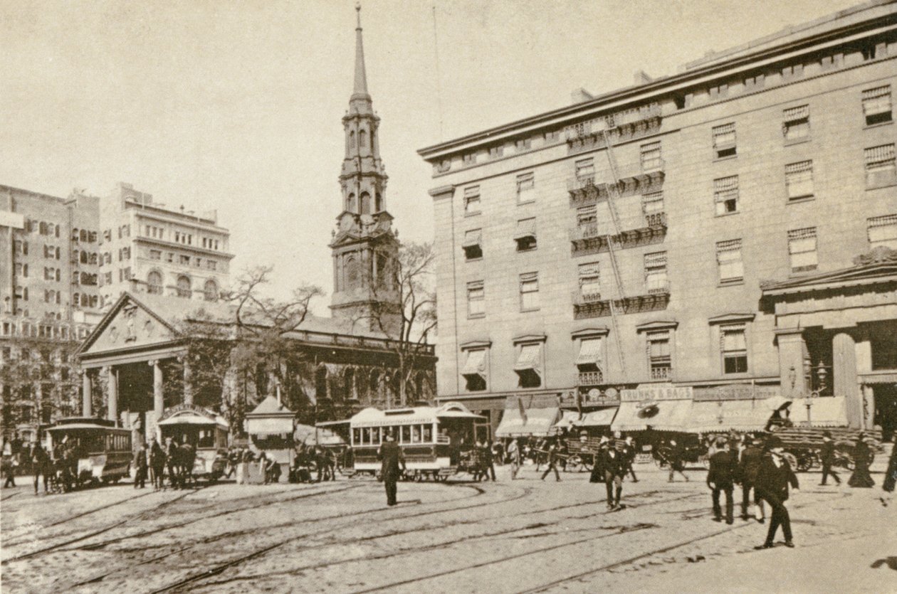 St. Pauls Kapelle und das Astor House, nahe City Hall Park, New York City, 1892 von American Photographer