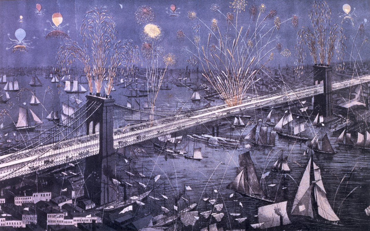 Eine Vogelperspektive der großen New Yorker und Brooklyn Bridge und großes Feuerwerk zur Eröffnungsnacht, 1883, veröffentlicht von A. Major von American School