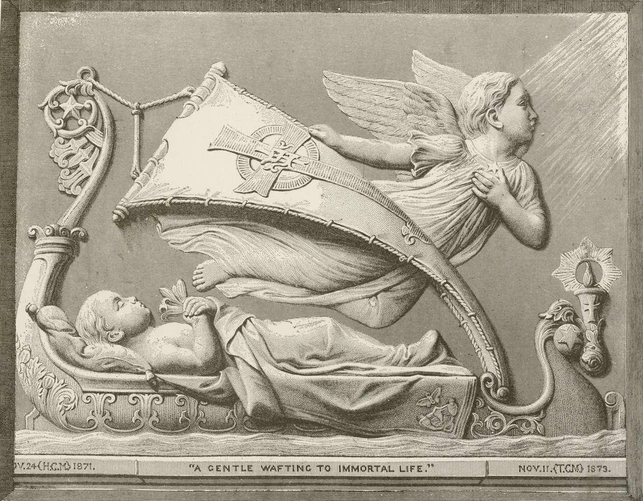"Ein sanftes Wehen zum unsterblichen Leben." nach der Skulptur von F M Miller (Gravur) von American School