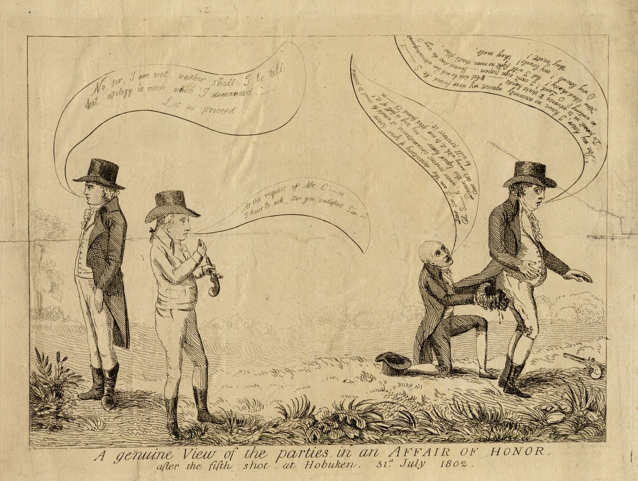 Eine echte Ansicht der Parteien in einer Ehrensache nach dem fünften Schuss in Hoboken, 31. Juli 1802 von American School