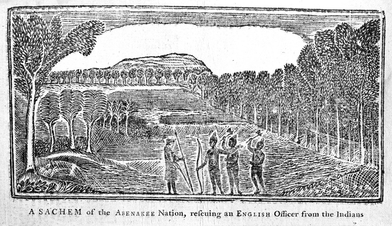 Ein Sachem der Abenakee-Nation rettet einen englischen Offizier, Illustration aus Bickerstaffs Boston Almanack, veröffentlicht 1768 von American School