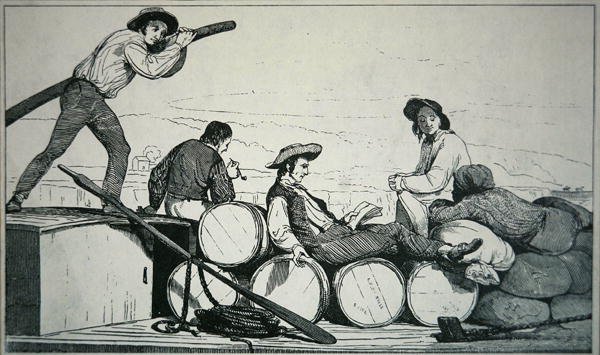 Ein Flachboot, das Fracht auf dem Mississippi River transportiert, um 1840 von American School