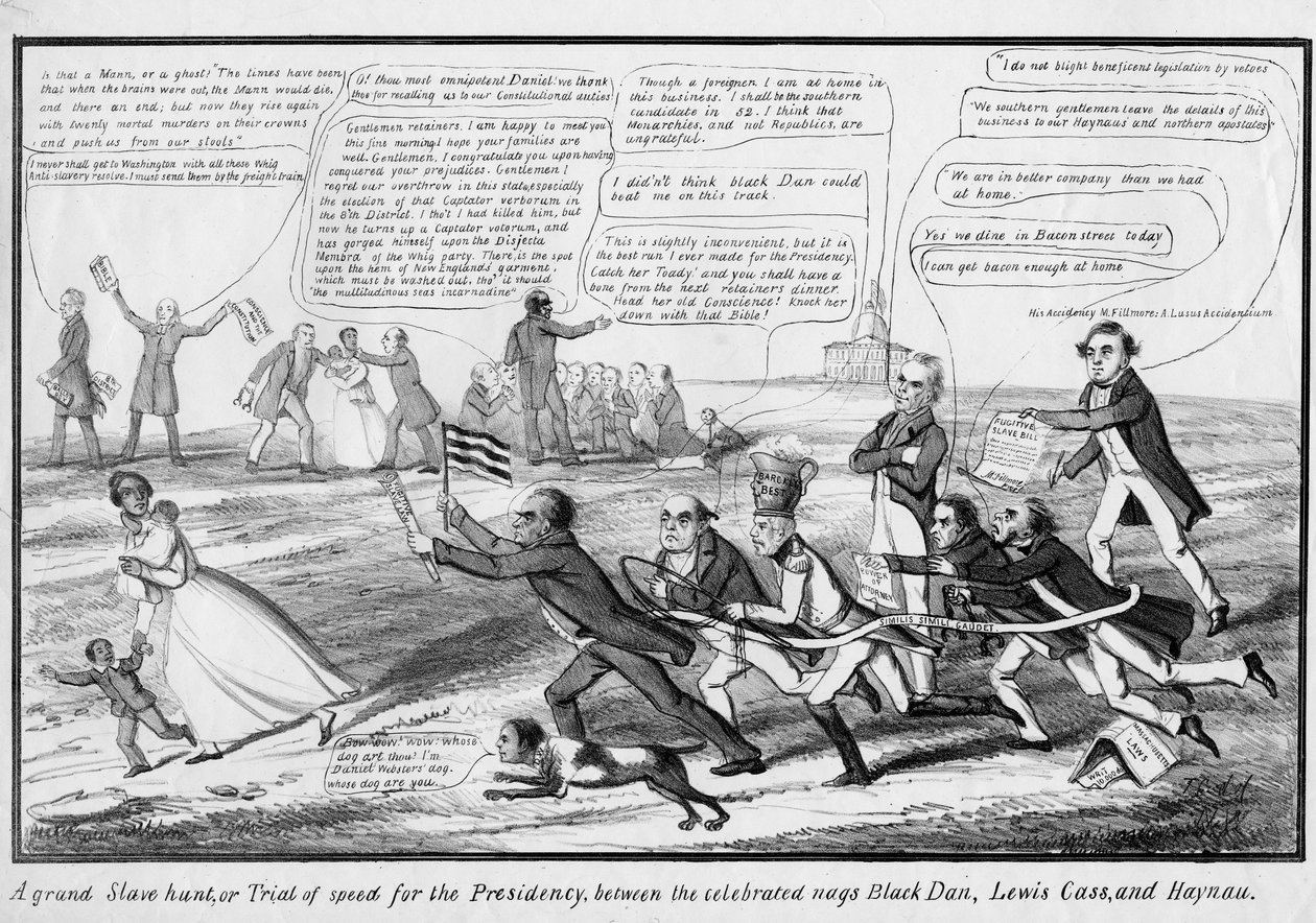 Eine große Sklavenjagd oder Wettlauf um die Präsidentschaft zwischen den berühmten Pferden Black Dan, Lewis Cass und Haynau, veröffentlicht von T.C., New York, um 1852 von American School