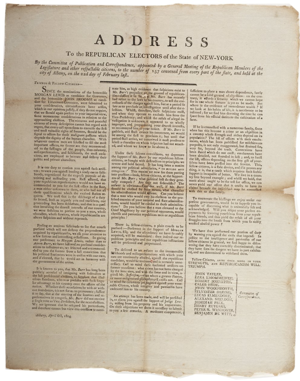 Ansprache an die republikanischen Wähler des Staates New York, 6. April 1804 von American School