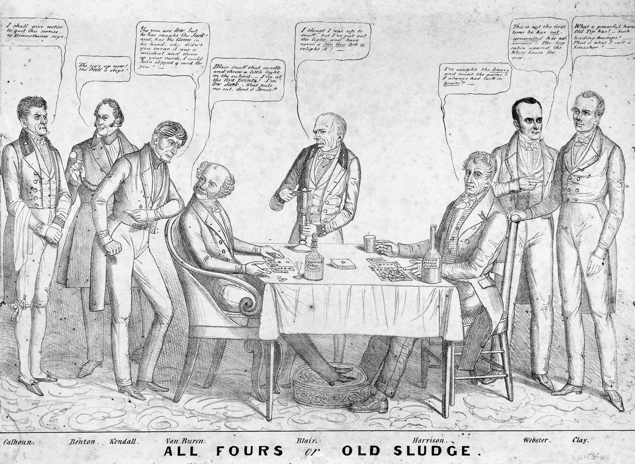 All Fours oder Old Sludge, politische Karikatur, die Präsident Martin Van Buren (1782-1862) zeigt, wie er Karten gegen William Henry Harrison (1773-1841) spielt, umgeben von anderen Staatsmännern und Politikern, 1836 von American School