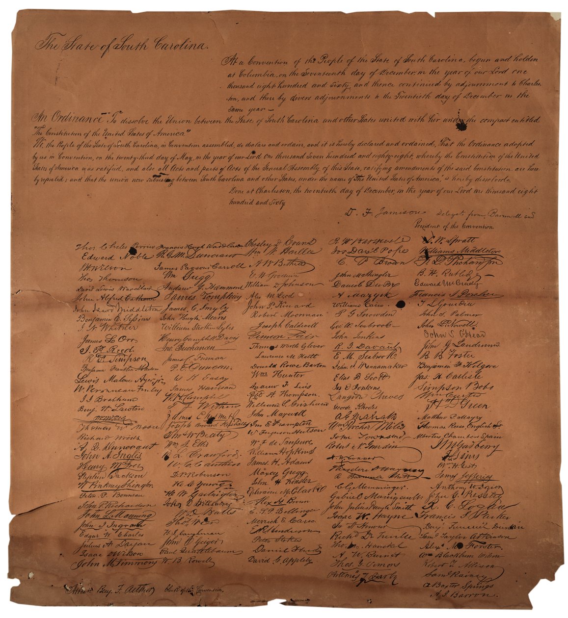Eine Verordnung zur Auflösung der Union zwischen dem Staat South Carolina, 20. Dezember 1860, gedruckt 1861 von American School