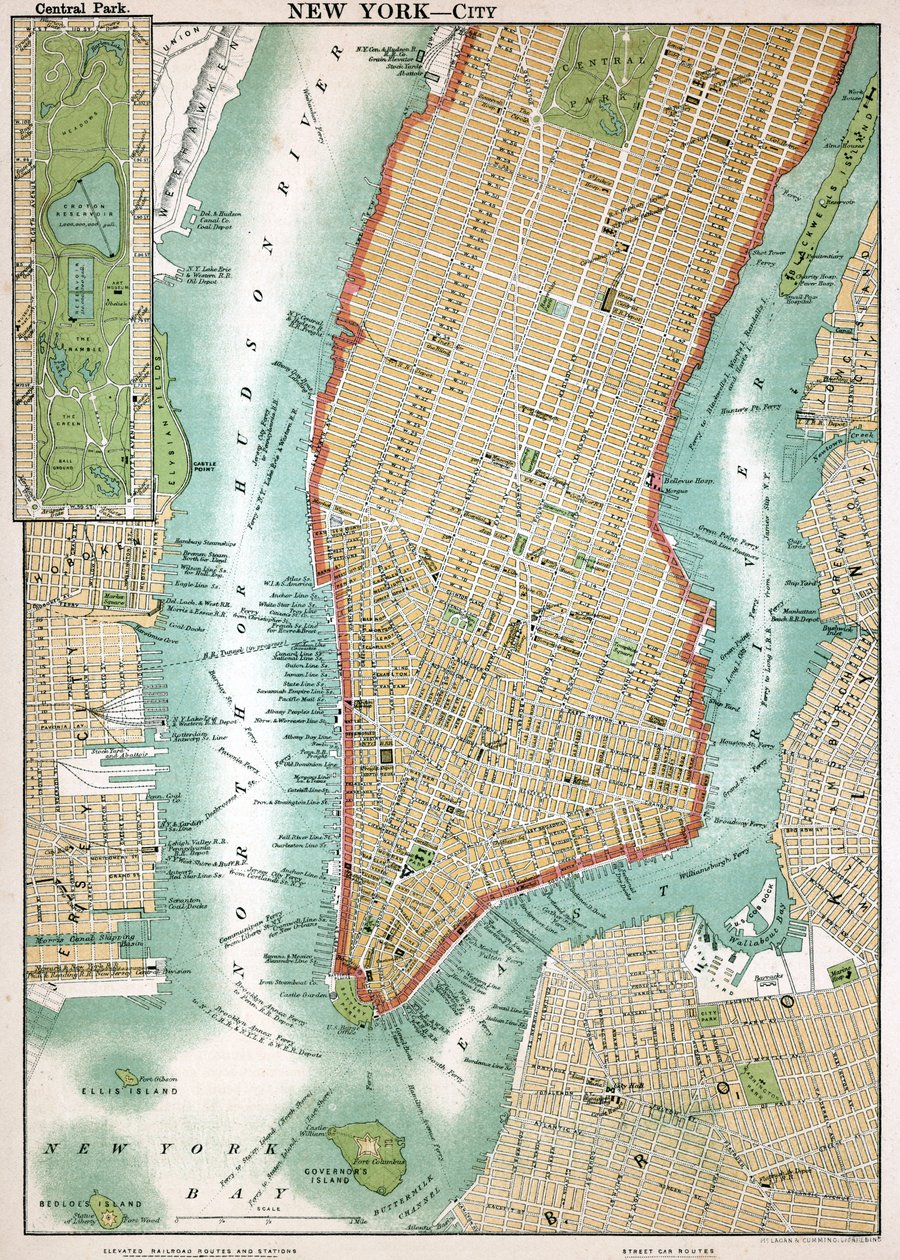 Antike Karte von Lower Manhattan und Central Park von American School