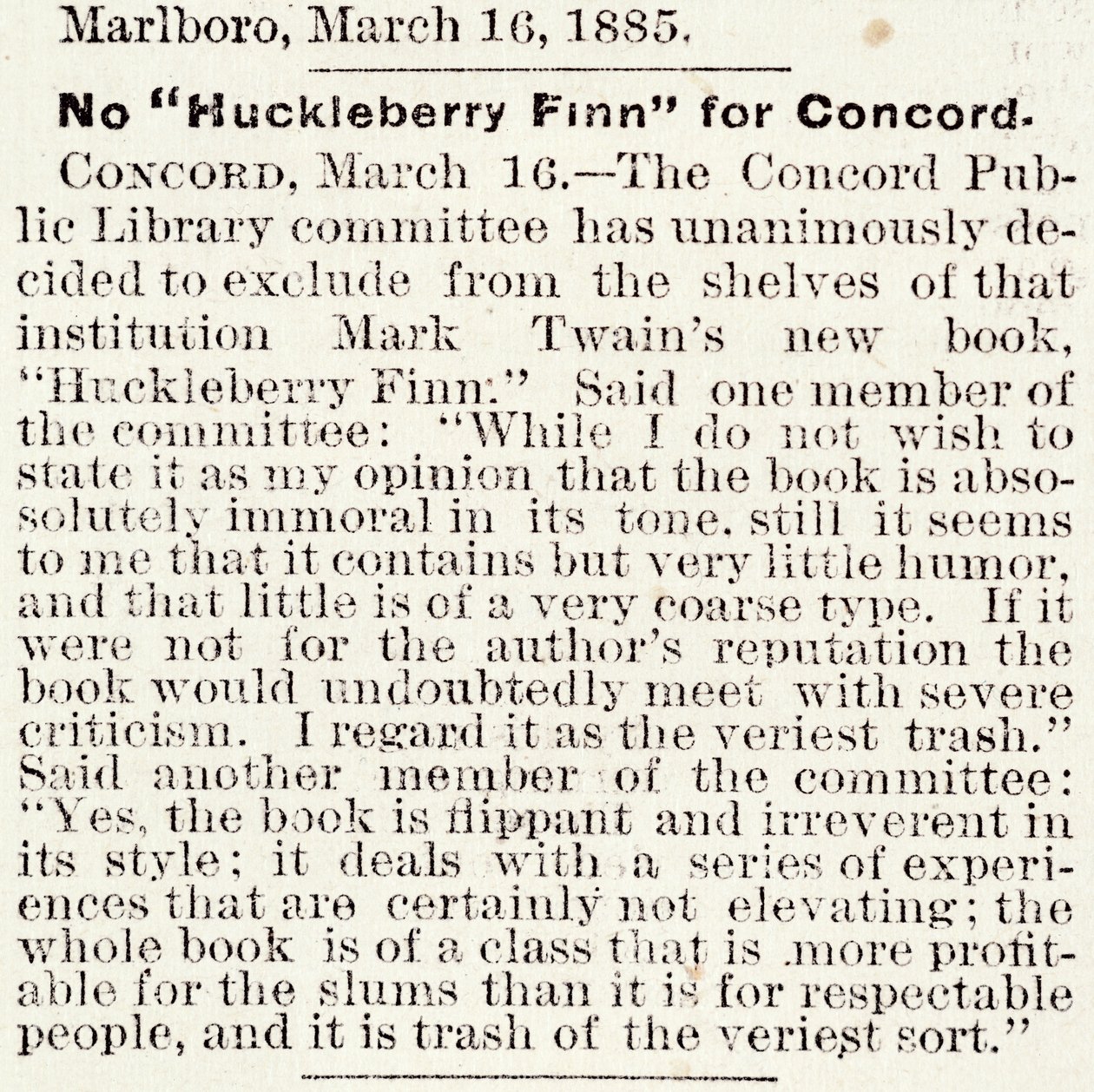 Artikel im Boston Daily Globe über das Verbot von Huckleberry Finn in Concord, Massachusetts, vom 16. März 1885 von American School