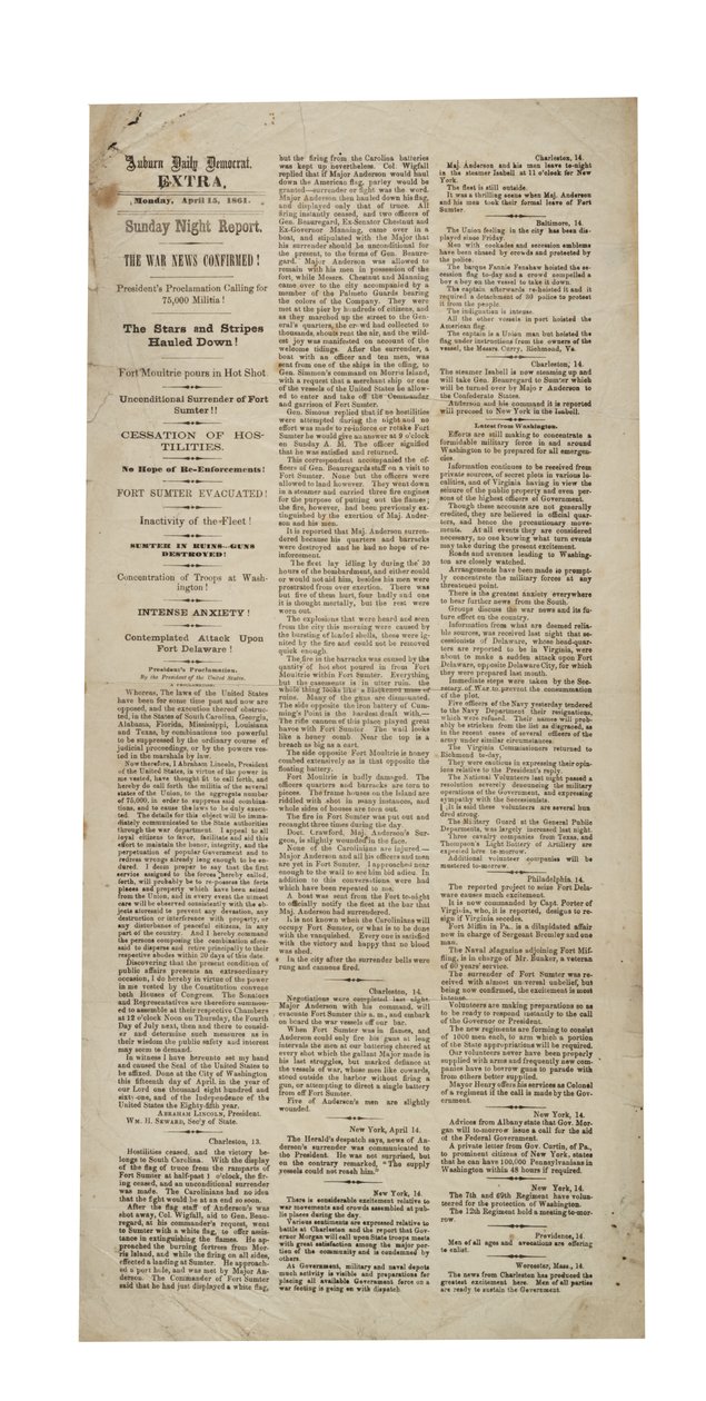 Auburn Daily Democrat Extra bzgl. Fort Sumter, 15. April 1861 von American School