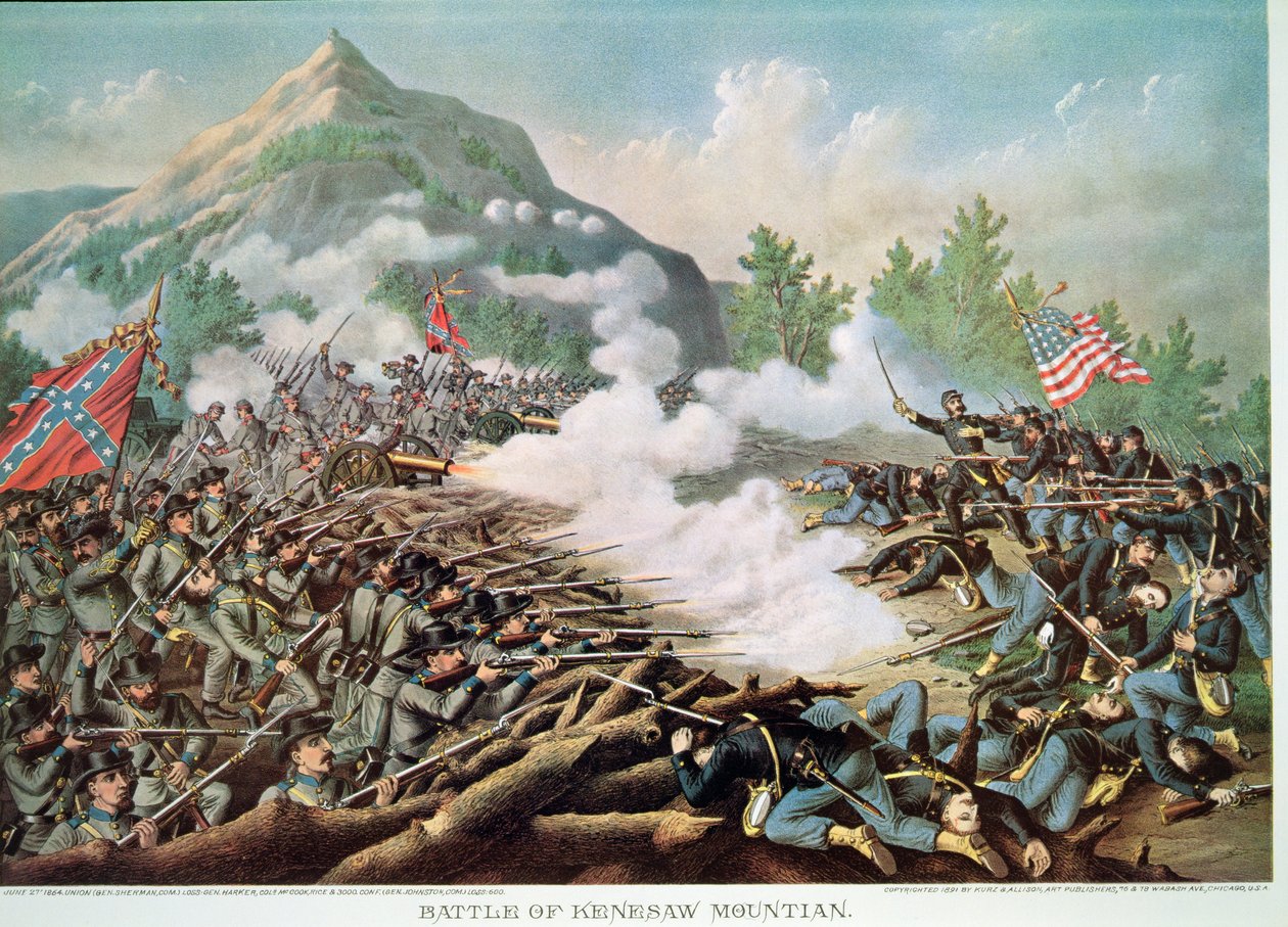 Schlacht am Kenesaw Mountain, Georgia, 27. Juni 1864, graviert von Kurz & Allison von American School