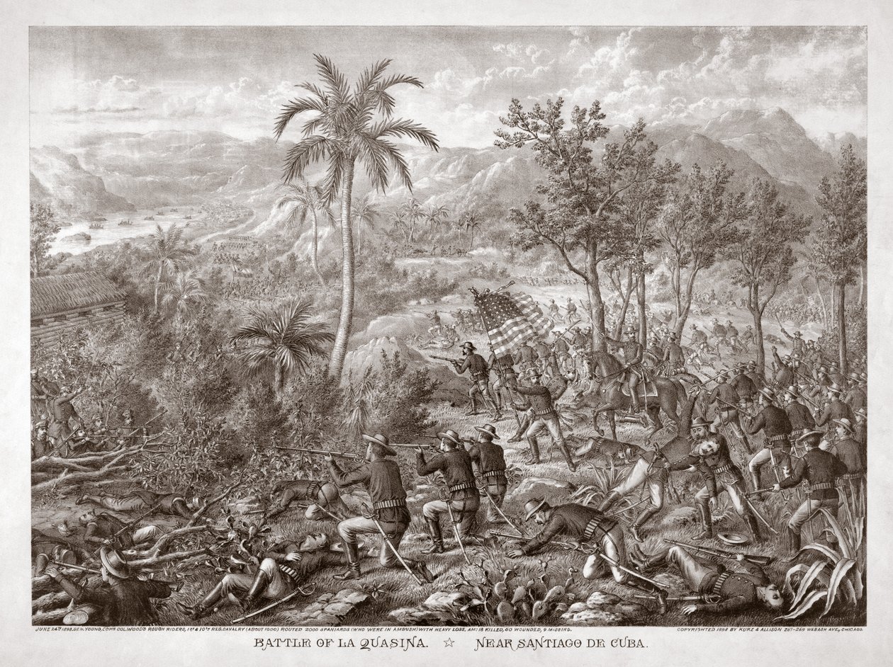 Schlacht von La Quasina, in der Nähe von Santiago de Cuba, veröffentlicht 1898 von American School