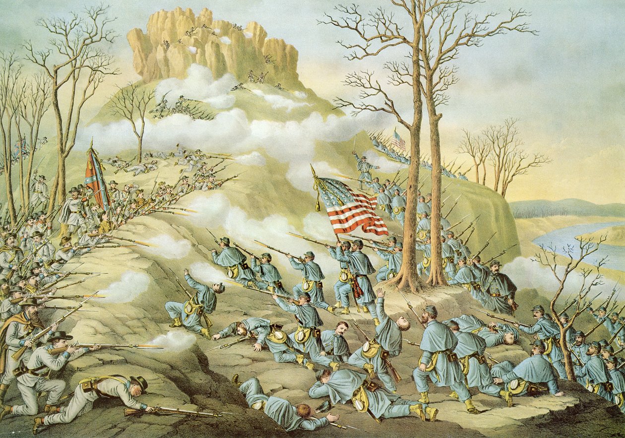 Schlacht am Lookout Mountain, 24. November 1863, graviert von Kurz & Allison von American School
